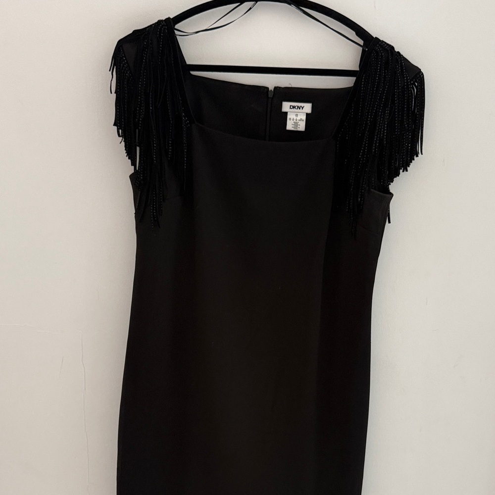 DKNY Black Fringe-Shoulder Sheath Dress